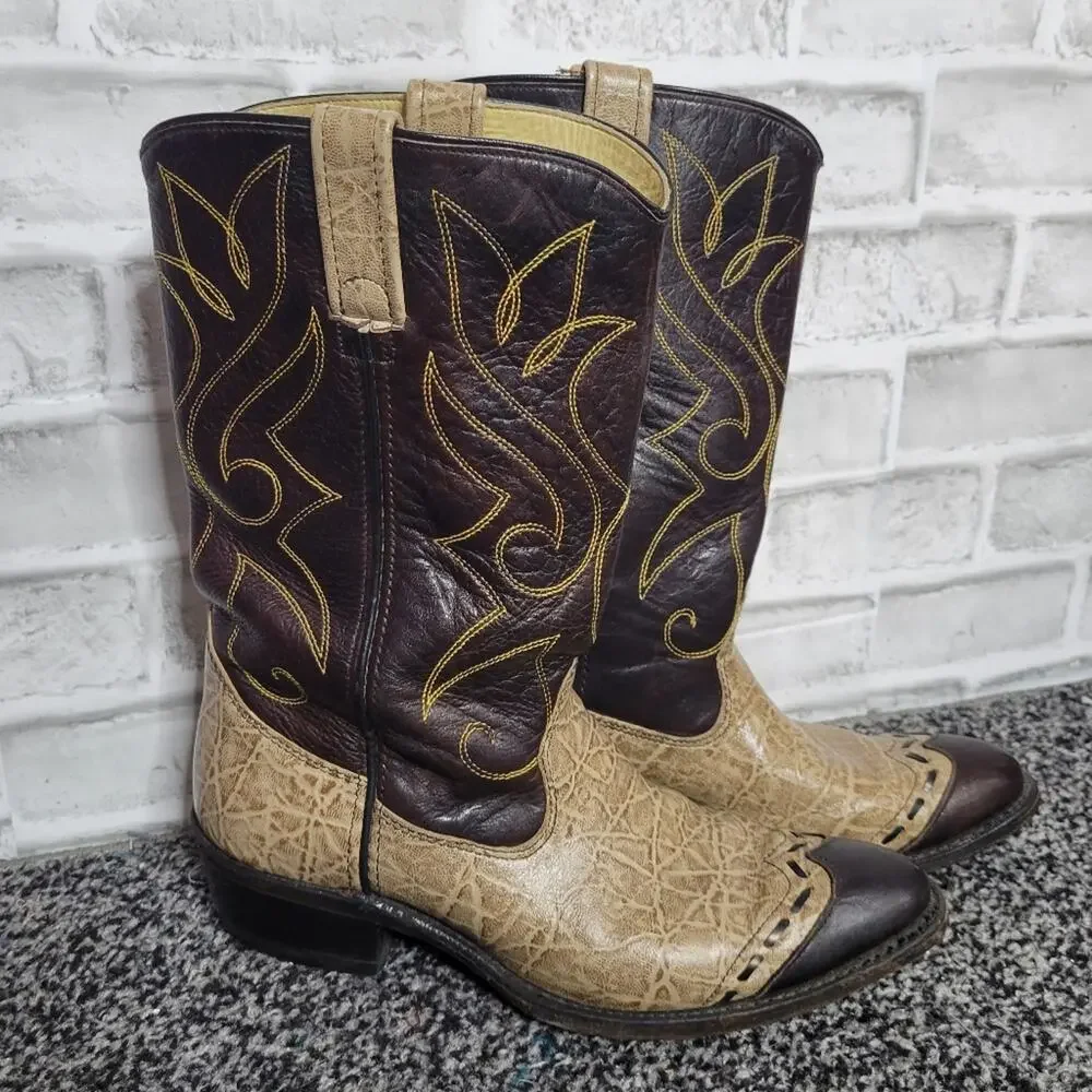 Double H Wingtip Tan & Brown Cowboy Boots, size 9D